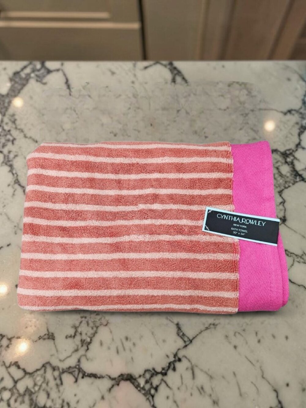 Cynthia Rowley New York Cotton Striped Bath Towel New 30"X56" Coral Pink
